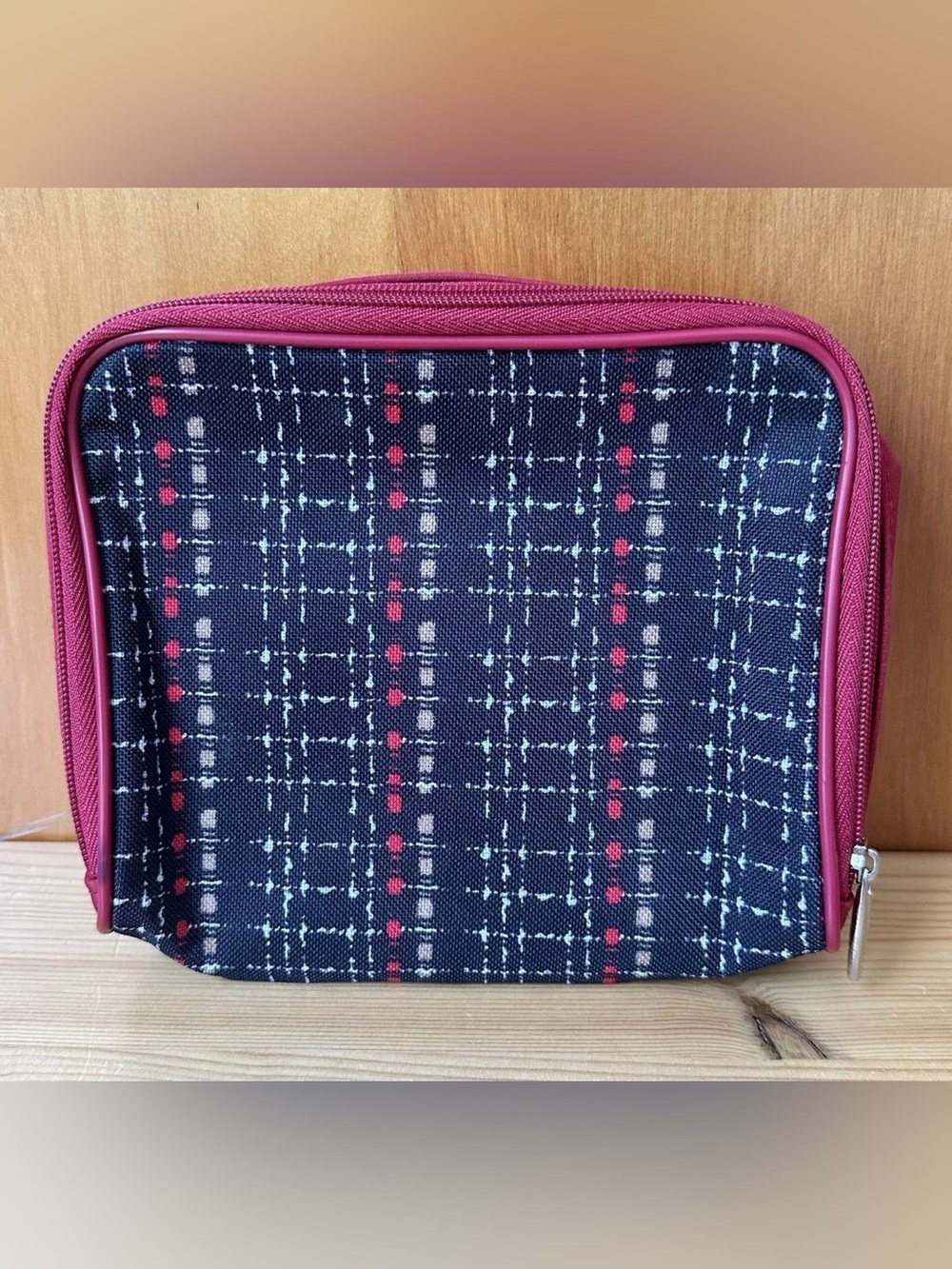 Lancome Red/Black Wrap Around Zip Square Cosmetic Travel Makeup Bag Pouch